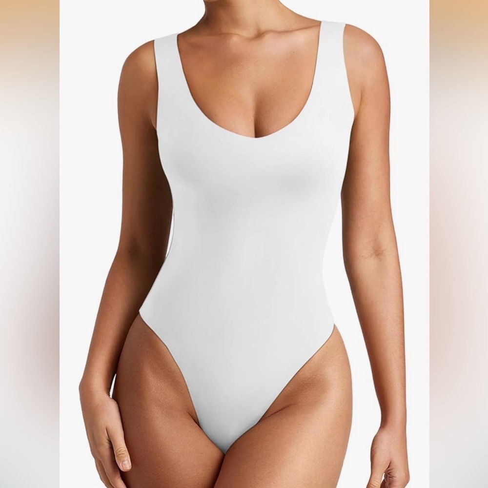 White V-Neck Thong Bodysuit